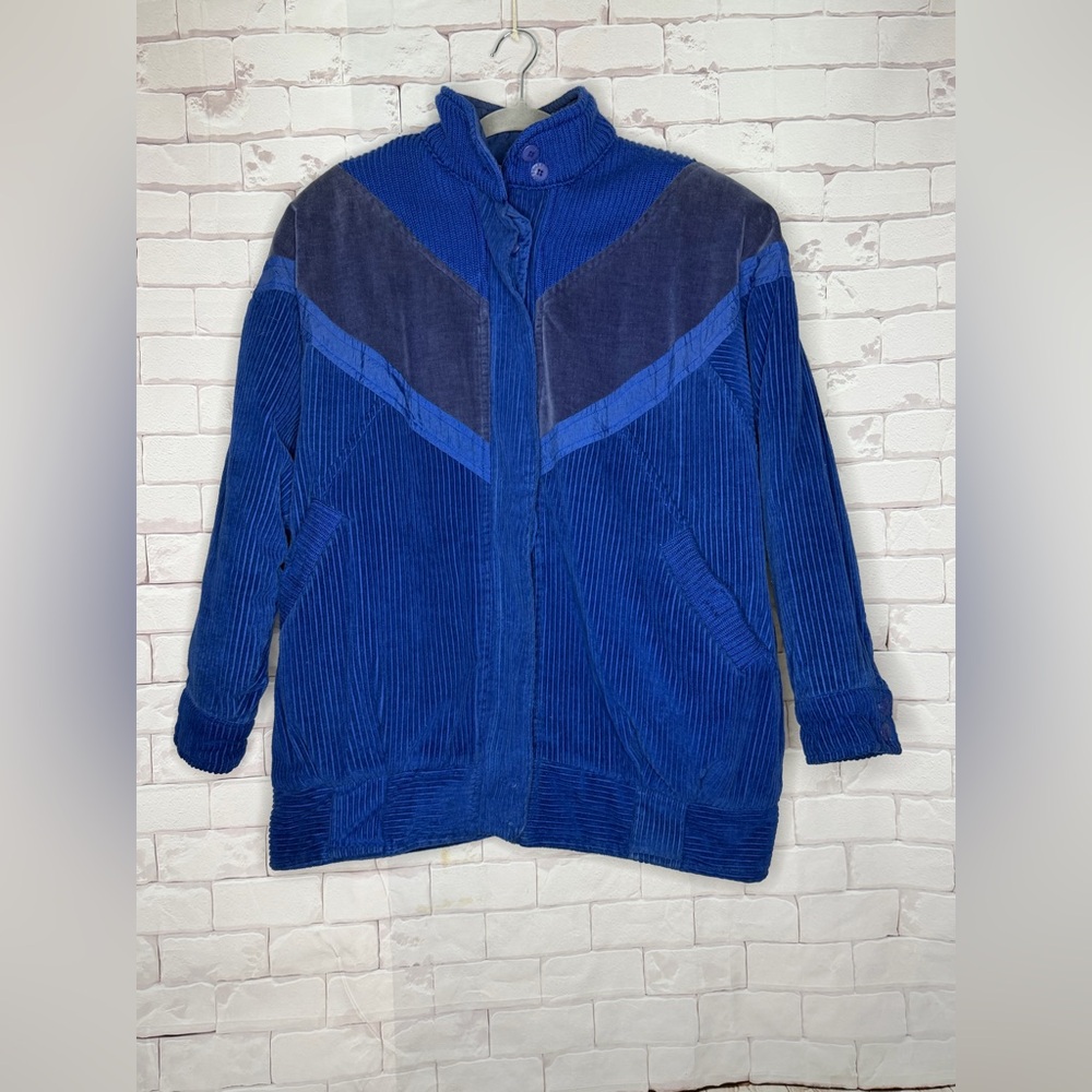VTG Together! Corduroy Bomber Jacket Size‎ Large Cobalt Royal Blue Fleece Lining